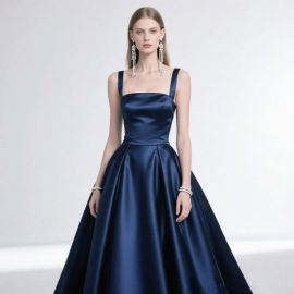Elegant Navy Blue Satin Strapless Ball Gown - Luxurious Long Evening Dress