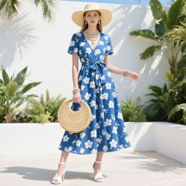 Blue White Floral V-Neck Waist Tie Midi Dress - Summer Beach Vacation Style