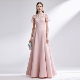 Elegant Pink Lace High-Neck A-Line Evening Gown - Formal Occasion Dress
