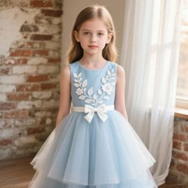 Light Blue Sleeveless Floral Embroidered Tulle Dress for Girls - Wedding Party Flower Girl Outfit