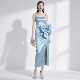 Light Blue Satin Midi Dress with Big Bow & High Slit - Elegant Evening Party Gown