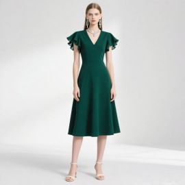 Emerald Green V-Neck Ruffled Sleeve Midi Dress - Elegant Women's Fashion
