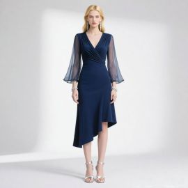 Navy Blue Asymmetric Hem V-Neck Dress with Sheer Sleeves - Elegant Midi Dress for Parties