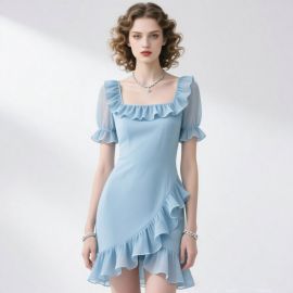 Light Blue Ruffled Short-Sleeve Asymmetric Hem Dress - Elegant Summer Style