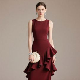Elegant Burgundy Sleeveless Dress with Ruffled Layers - Formal Evening Gown
