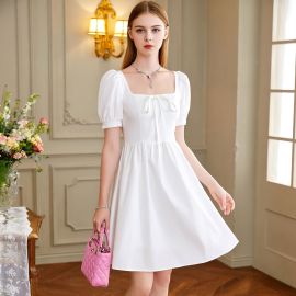 Elegant White Square Neck Dress with Puff Sleeves & Bow Tie - A - Line Skater Style