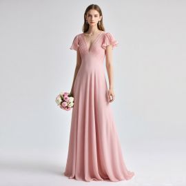 Elegant Pink V-Neck Floor-Length Gown with Pleated Bodice & Flutter Sleeves