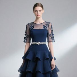 Elegant Navy Blue Dress with Floral Embroidered Sheer Sleeves & Tiered Skirt - Formal Wear for Women