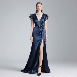 Elegant Navy Blue Satin Gown with Ruffled Sleeves, Bow Waist & High Slit - Formal Evening Dress