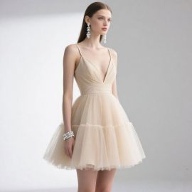 Chic Beige Tulle Mini Dress with Spaghetti Straps & Deep V-Neck