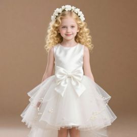 Elegant Girls White Satin Bowknot Tulle Dress with Pearl Accents - Princess Party Wedding Gown