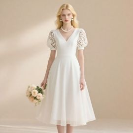 Elegant White Midi Dress with Lace Puff Sleeves & V-Neck - Wedding/Bridesmaid Style