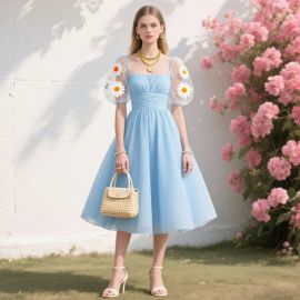 Light Blue Daisy Embroidered Puff - Sleeve Midi Dress