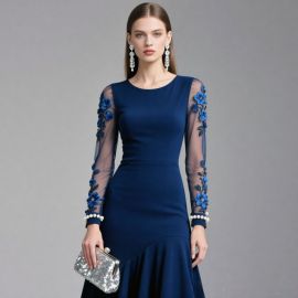 Navy Blue Long - Sleeve Gown with Floral Embroidery & Pearl Cuffs - Elegant Formal Dress