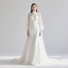 Elegant High-Neck Lace Wedding Dress: Sheer Long Sleeves & Fitted Mermaid Silhouette
