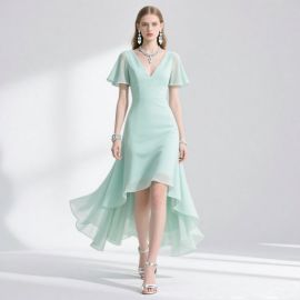 Mint Green High-Low Hem V-Neck Chiffon Midi Dress