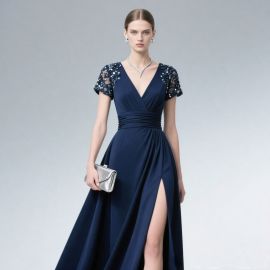Navy Blue Evening Gown: Beaded Sleeves, V-Neck & High Slit Formal Dress
