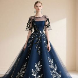 Navy Blue Embroidered Sequined Ball Gown Evening Dress - Elegant Formal Prom Attire