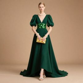Emerald Green V-Neck Puff Sleeve Evening Gown with Sequin Waist & High-Low Hem