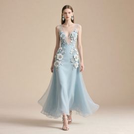 Elegant Light Blue V-Neck Gown with 3D Floral Appliqués - Flowy Tulle Long Dress