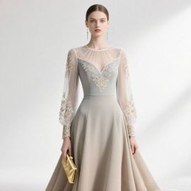 Elegant Sheer Long Sleeve Lace Embroidered A-Line Formal Gown