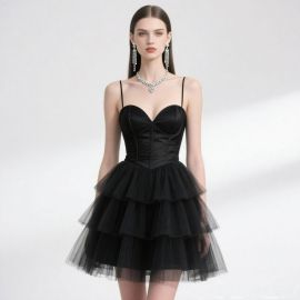 Elegant Black Spaghetti Strap Corset Bodice Layered Tulle Mini Dress