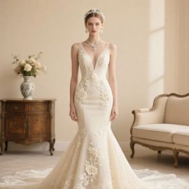Elegant Deep V-Neck Mermaid Wedding Dress with 3D Floral Lace Appliqués