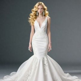 Elegant Mermaid Wedding Dress: Lace Appliqué & Deep V-Neck Bridal Gown