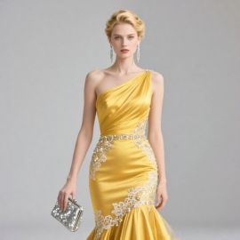 Stunning Yellow One-Shoulder Evening Gown: Lace & Bead Embellished Formal Dress