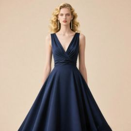 Elegant Navy Blue V - Neck A - Line Gown with Cinched Waist