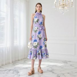 Lavender Floral Print High-Neck Sleeveless Midi Dress with Ruffled Hem & Waist Tie