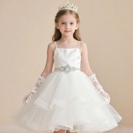 Kids Girls White Princess Dress - Party Wedding Flower Girl Gown with Rhinestone Belt