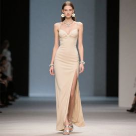 Elegant Beige Spaghetti Strap Maxi Dress with High Slit - Chic Evening Gown