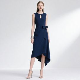 Navy Blue Sleeveless Asymmetric Hem Belted Midi Dress - Elegant Formal Attire