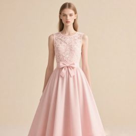 Elegant Pink Sleeveless Lace Midi Dress with Floral Embroidery & Bow Belt