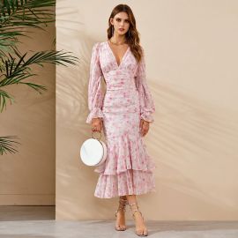 Pink Floral Long Sleeve V-Neck Ruffled Mermaid Midi Dress