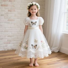 Girls' White Princess Dress with Butterfly & Floral Embroidery - Puff Sleeve Kids Party Gown