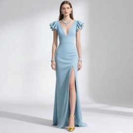 Light Blue Ruffled Shoulder Deep V-Neck High Slit Evening Dress