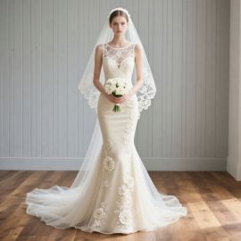 Elegant Mermaid Wedding Dress with Lace Appliqué & Sheer Neckline Design