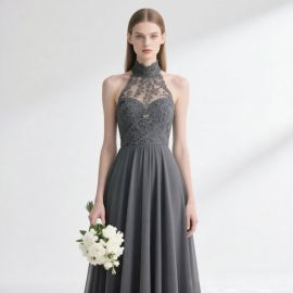 Gray High-Neck Lace Long Evening Gown - Bridesmaid/Wedding Party Dress