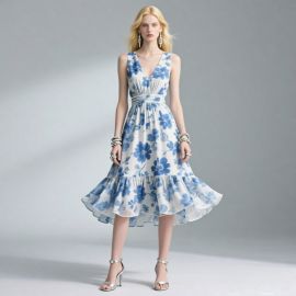 Elegant Blue & White Floral Sleeveless V - Neck Midi Dress with Cinched Waist