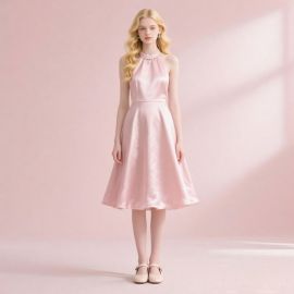 Pink Satin Halter Neck Midi Dress - Elegant Summer Party Wear
