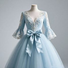 Elegant Light Blue Lace Ball Gown with Oversized Satin Bow - Dreamy Evening Dress