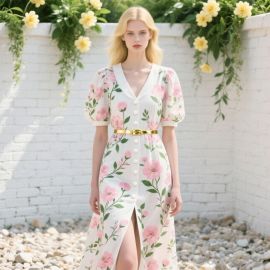 Elegant Floral Print Maxi Dress - V-Neck Puff Sleeves Button Front High Slit with Golden Belt