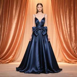Elegant Navy Blue Satin V-Neck Gown with Big Bow - Formal Evening Dress