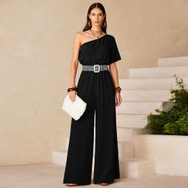 Chic Black One - Shoulder Wide Leg Jumpsuit with Belted Waist