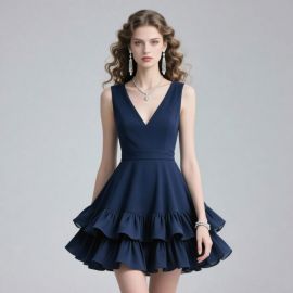 Elegant Navy Blue V - Neck Sleeveless Ruffled Skirt Dress