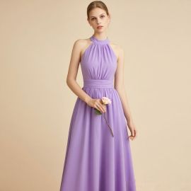 Lavender Halter Neck Sleeveless Long Chiffon Dress - Elegant Bridesmaid Gown