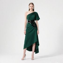 Elegant Emerald One-Shoulder High-Low Dress with Sequined Waist | Evening Party Gown