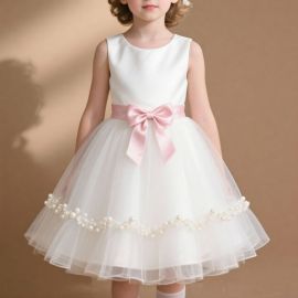 Charming Girls White Sleeveless Dress: Pearl Trim & Pink Bow for Weddings/Parties